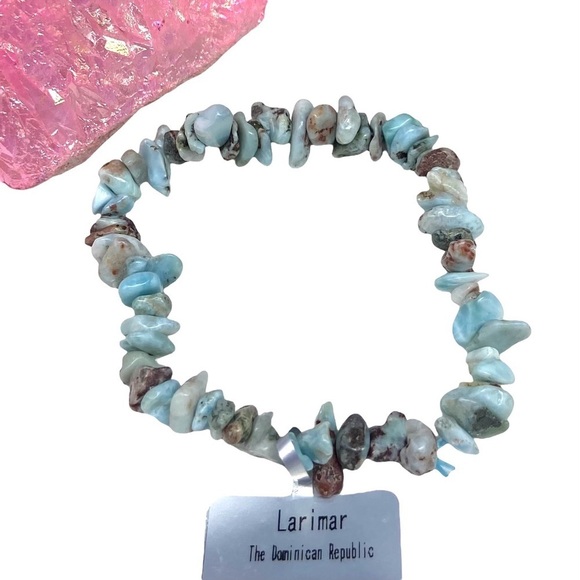 Larimar Beaded Stretch Bracelet Stone Chips Beads Chip Boho Blue Gemstone - Picture 6 of 7